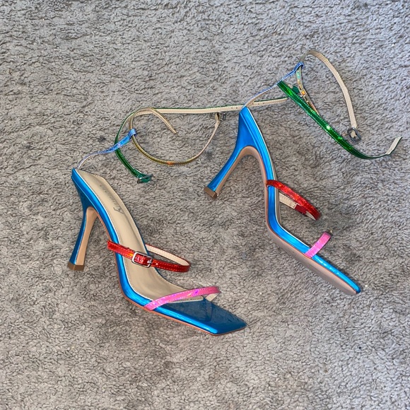 Blue multi color square toe strap heel sandals - Picture 3 of 3